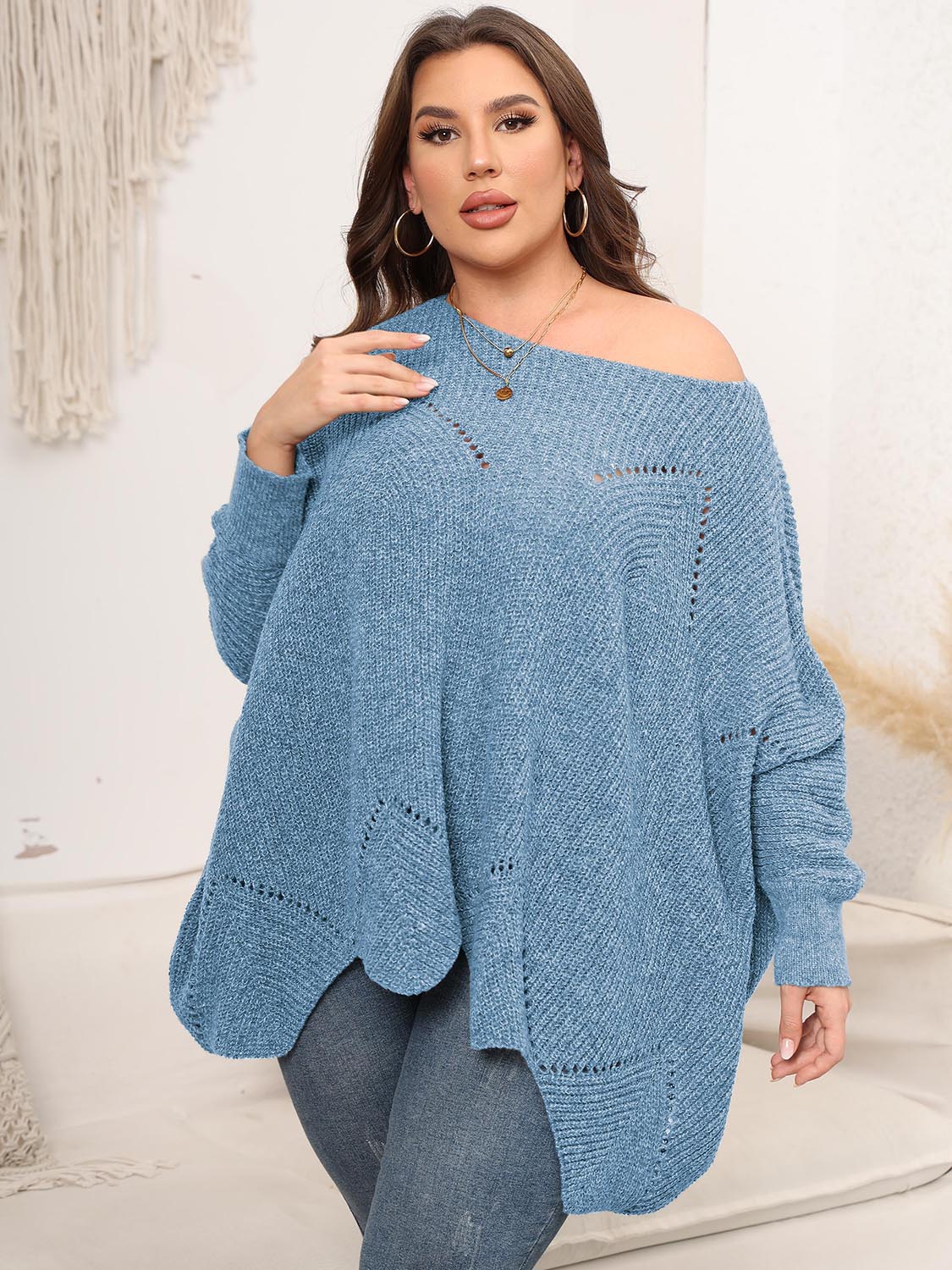 Plus Size Round Neck Batwing Sleeve Sweater - The Boutie Shop