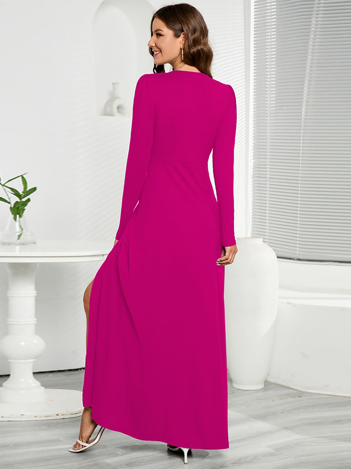 V-Neck Long Sleeve Split Dress - The Boutie Shop