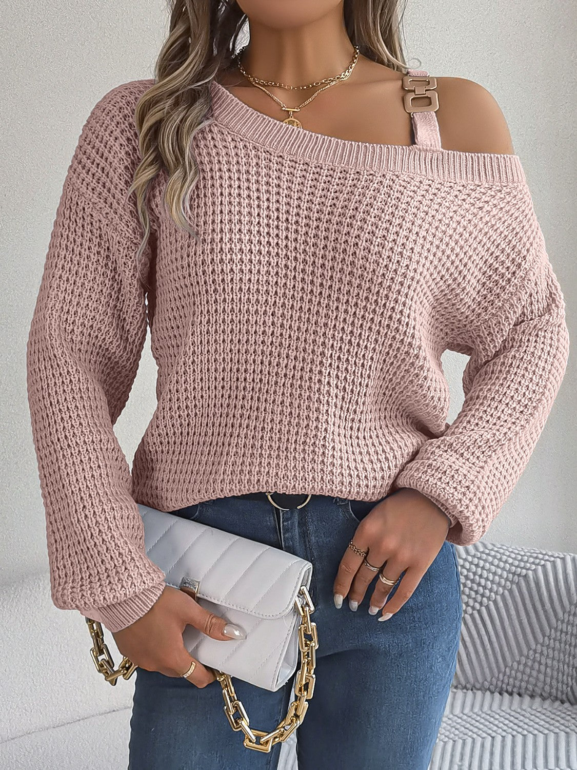 Asymmetrical Neck Long Sleeve Sweater - The Boutie Shop