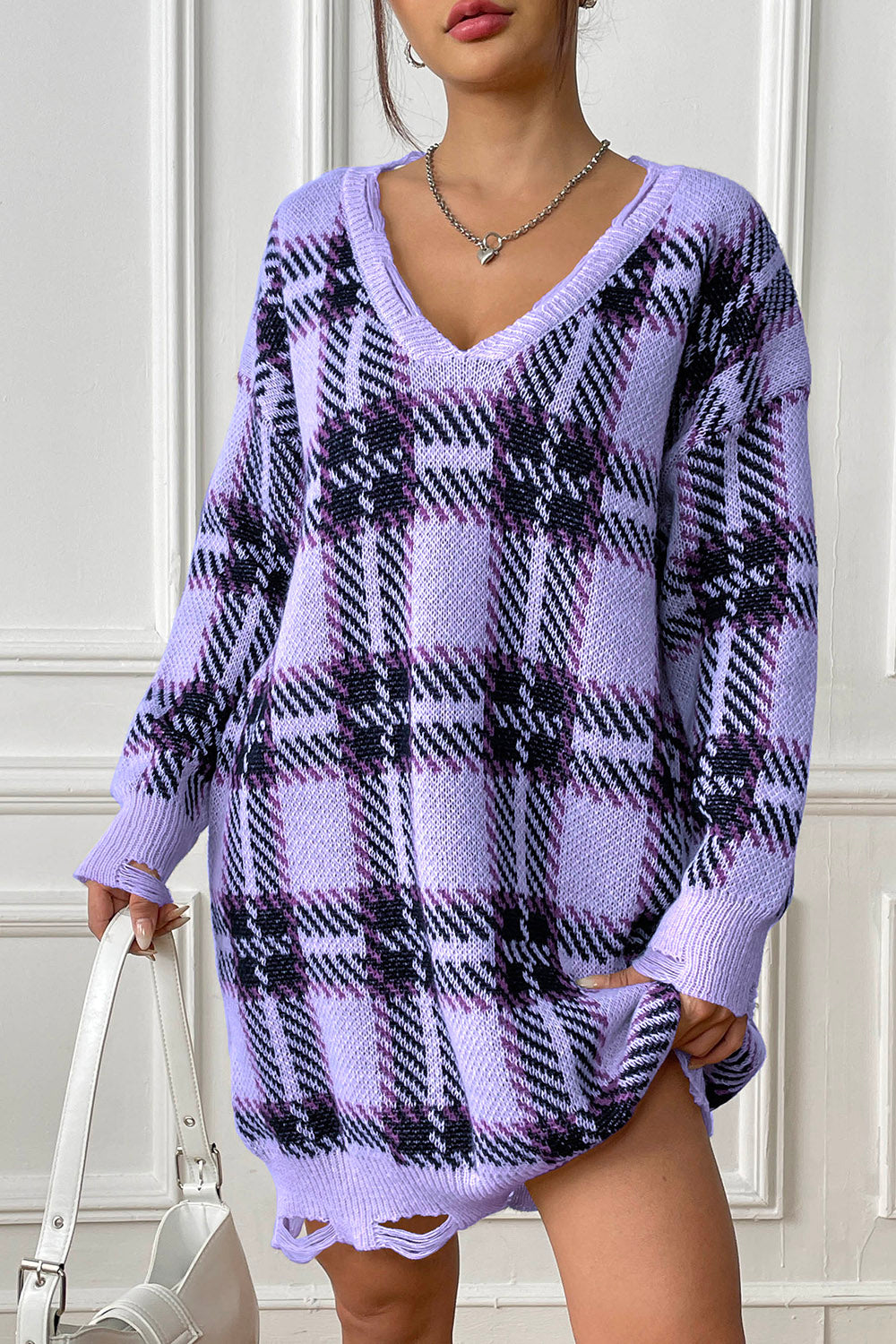 Plaid V-Neck Long Sleeve Sweater Dress - The Boutie Shop