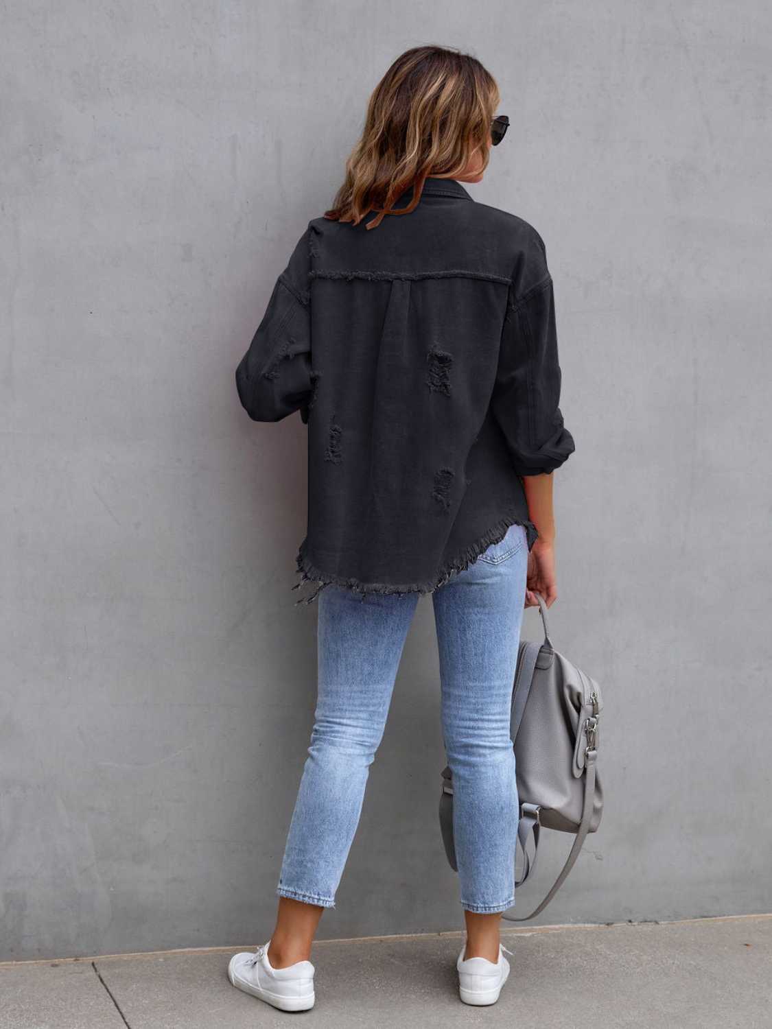 Distressed Drop Shoulder Denim Jacket - The Boutie Shop