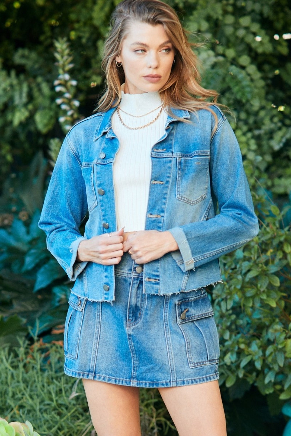 Veveret Button Up Raw Hem Denim Jacket - The Boutie Shop