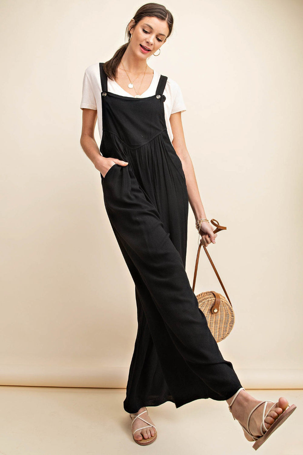 Kori America Full Size Sleeveless Ruched Wide Leg Overalls - The Boutie Shop