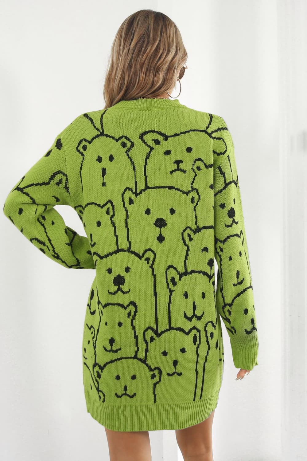 Bear Pattern Round Neck Sweater Dress - The Boutie Shop