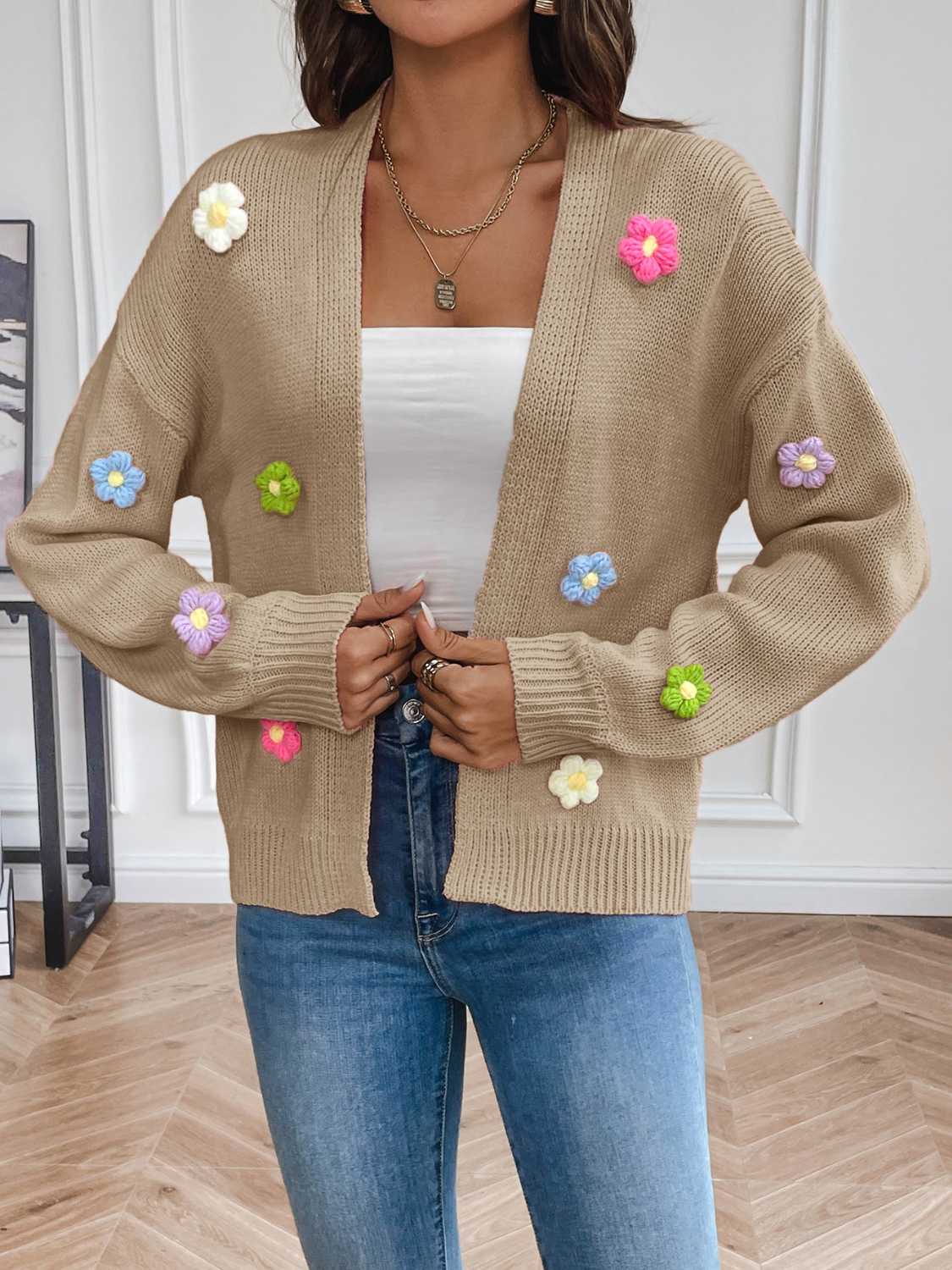 Floral Long Sleeve Open Front Cardigan - The Boutie Shop