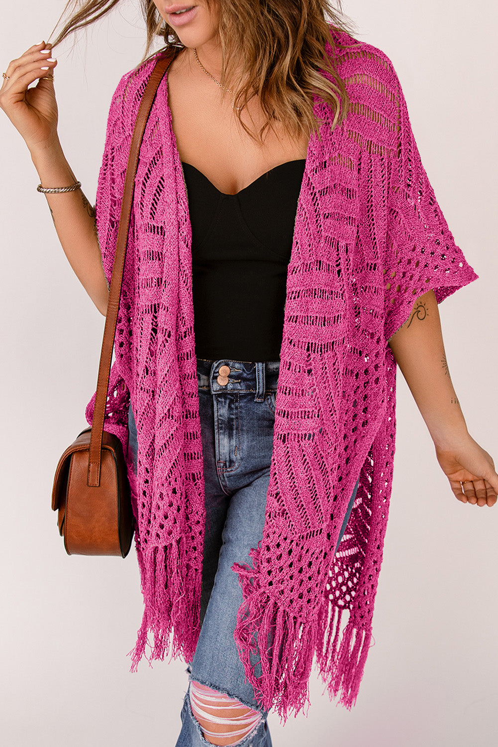 Openwork Open Front Cardigan with Fringes - The Boutie Shop