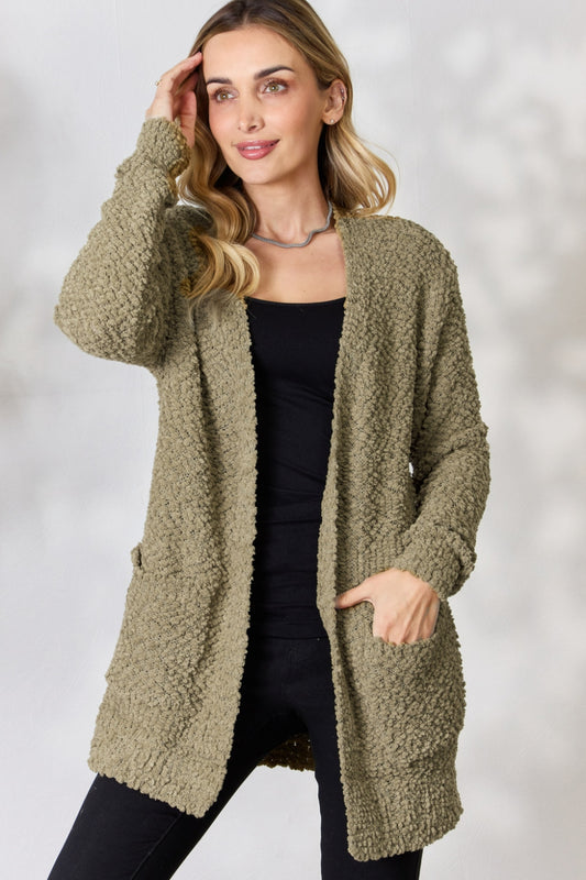 Zenana Falling For You Full Size Open Front Popcorn Cardigan - The Boutie Shop