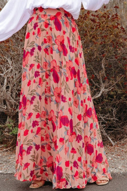 Printed Elastic Waist Pleated Maxi Skirt - The Boutie Shop