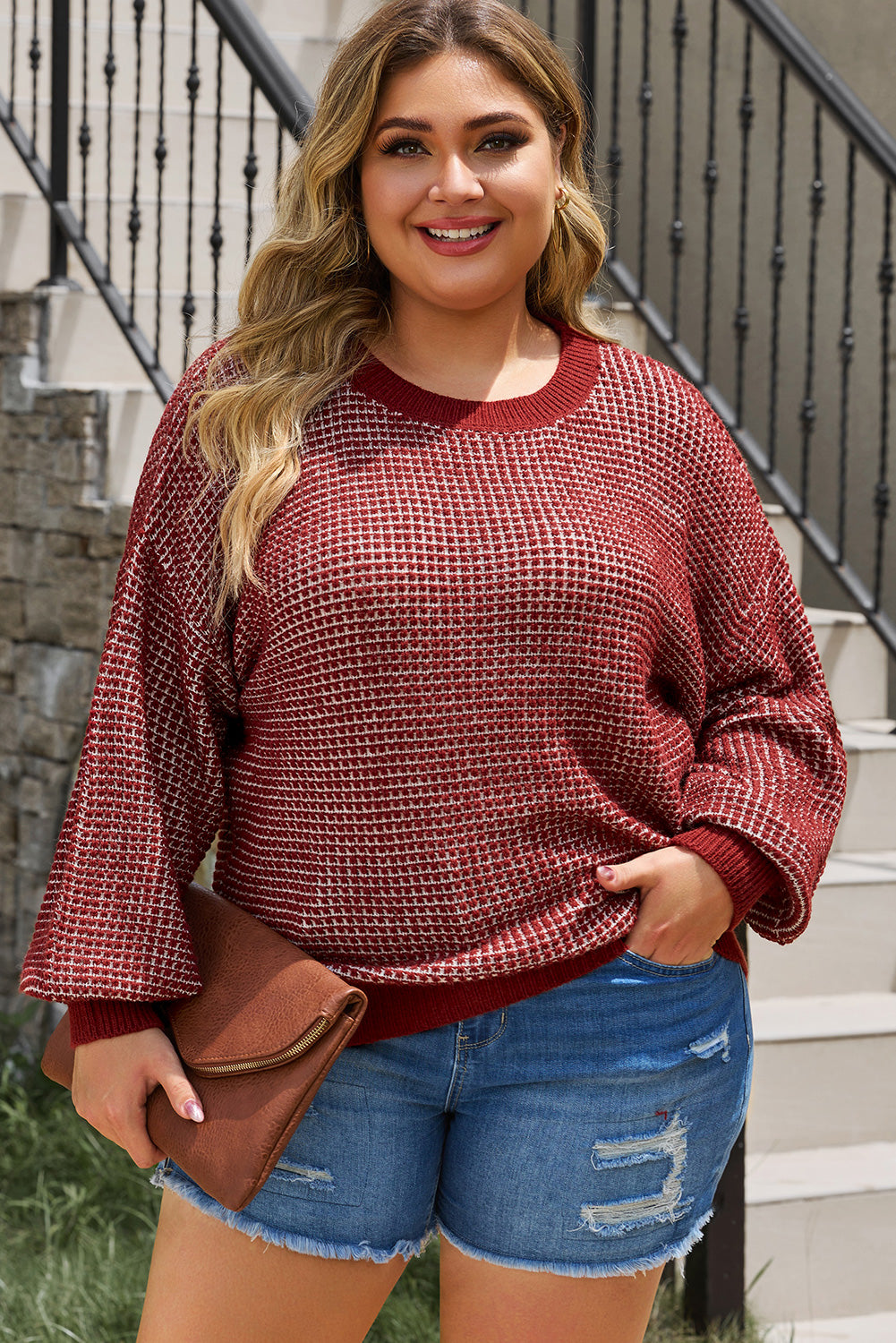 Plus Size Waffle-Knit Round Neck Dropped Shoulder Sweater - The Boutie Shop