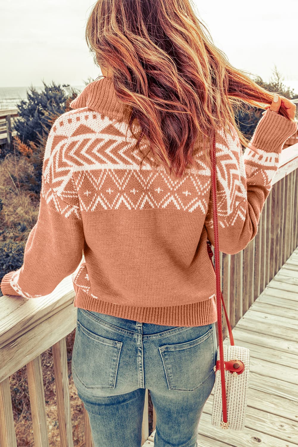 Zip-Up Mock Neck Dropped Shoulder Pullover Sweater - The Boutie Shop