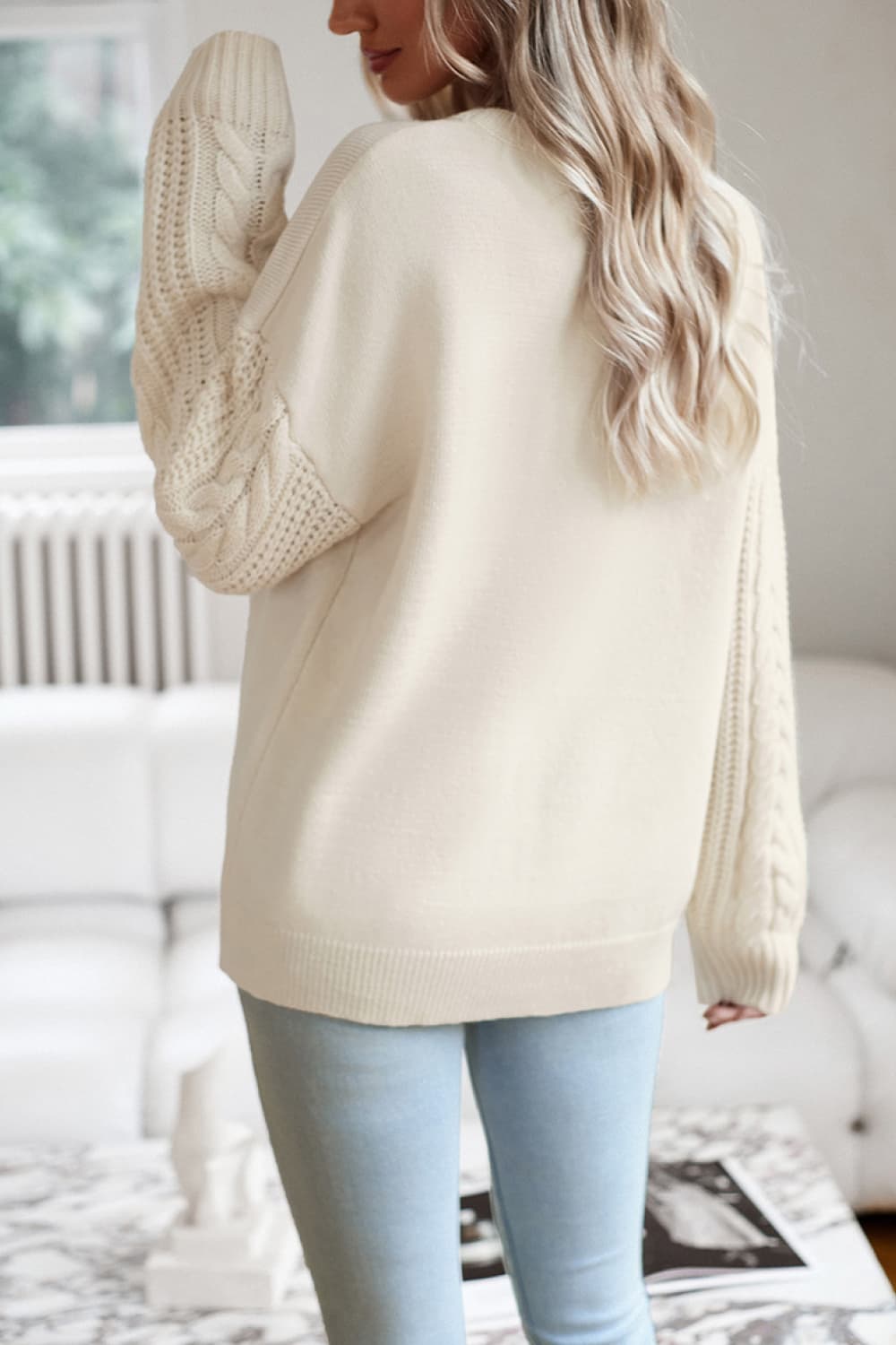 Devine Cable-Knit Round Neck Drop Shoulder Sweater - The Boutie Shop