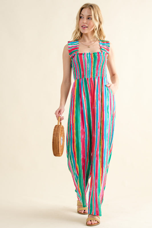 And The Why Full Size Striped Smocked Sleeveless Jumpsuit - The Boutie Shop