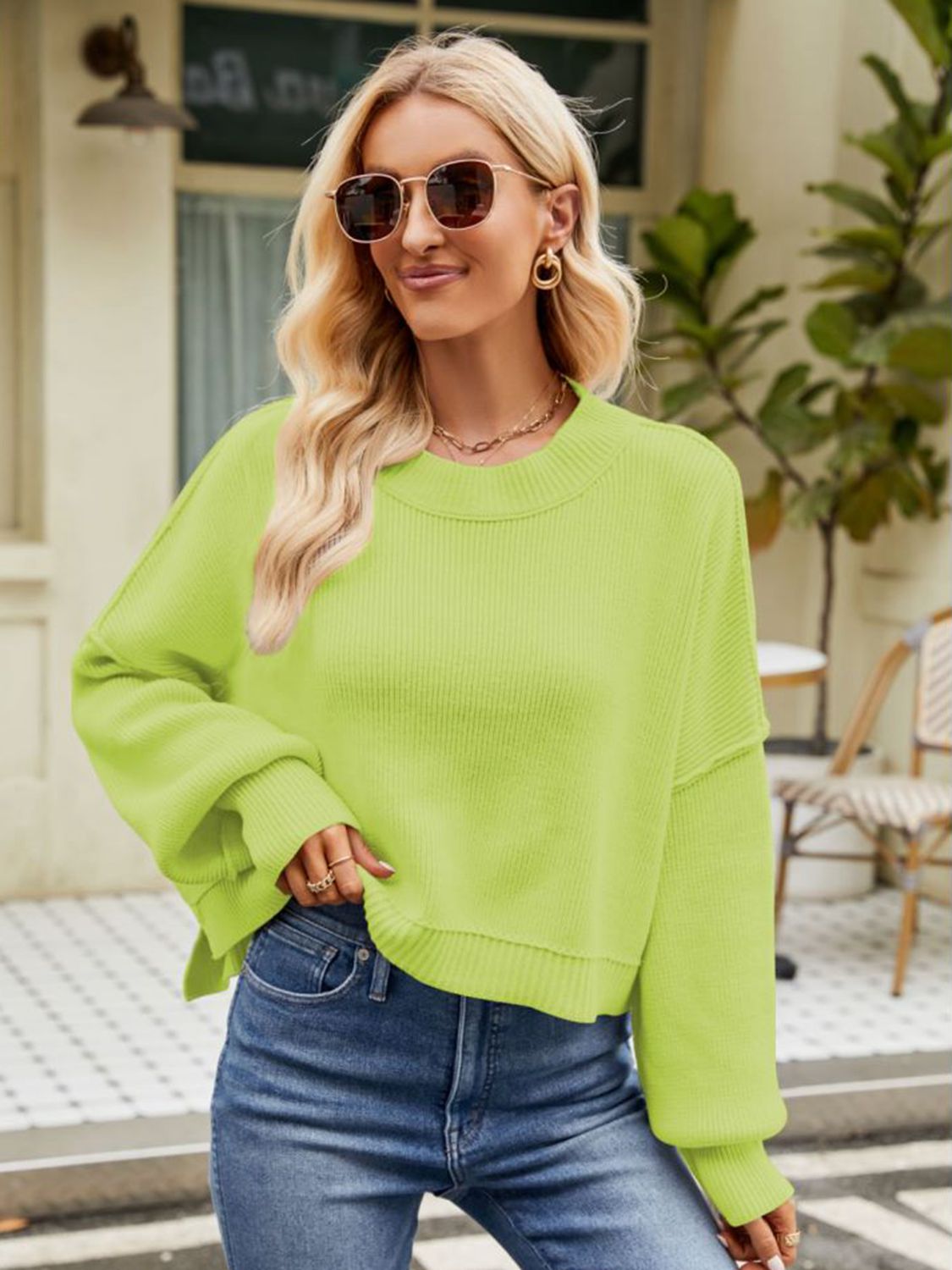 Round Neck Dropped Shoulder Sweater - The Boutie Shop