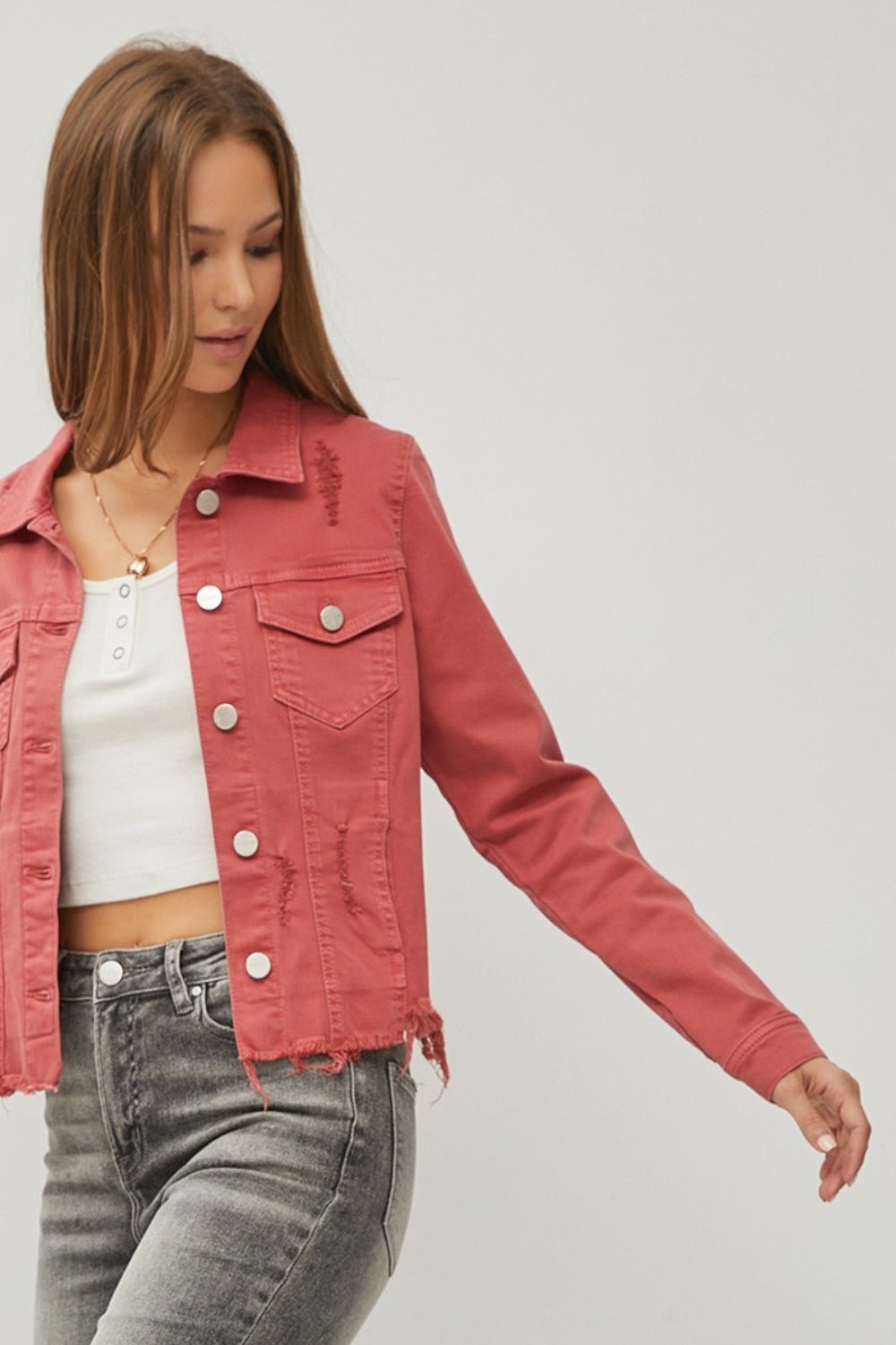 RISEN Raw Hem Button Up Cropped Denim Jacket - The Boutie Shop