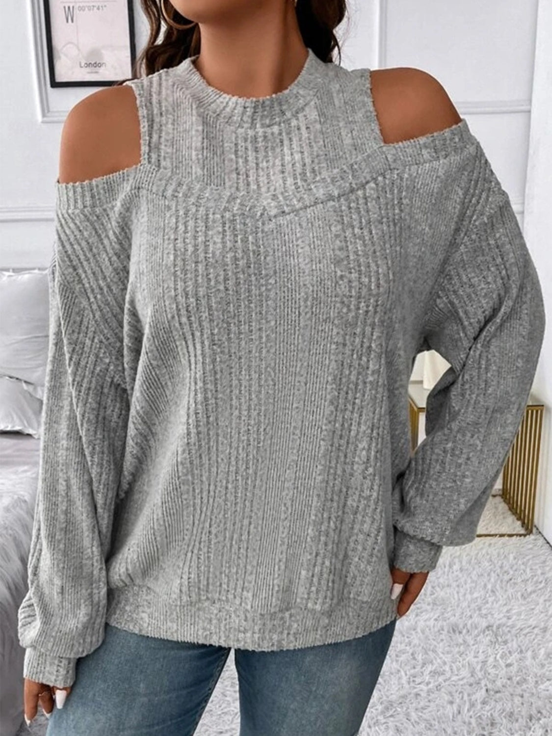 Round Neck Cold Shoulder Sweater - The Boutie Shop