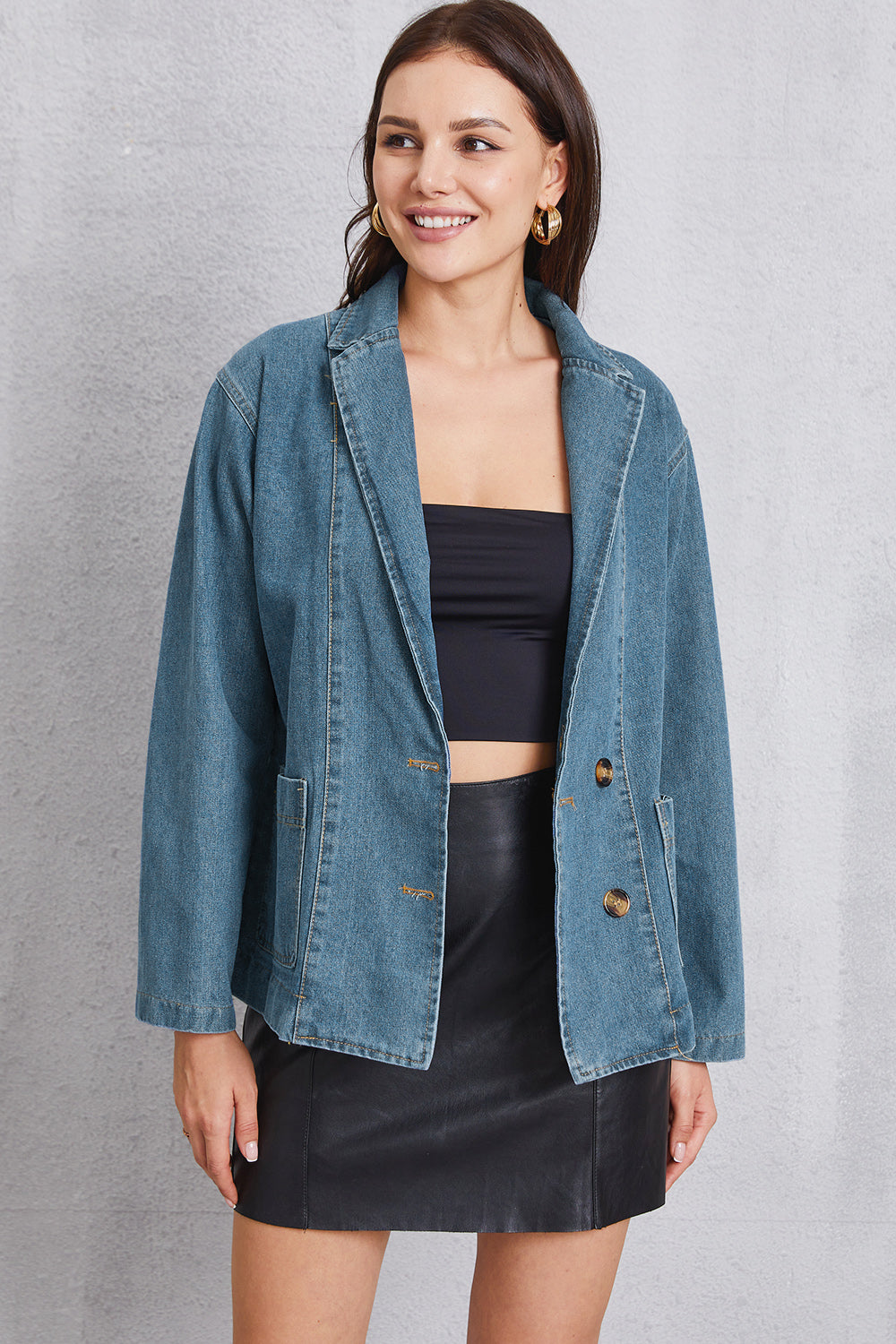 Pocketed Button Up Denim Jacket - The Boutie Shop