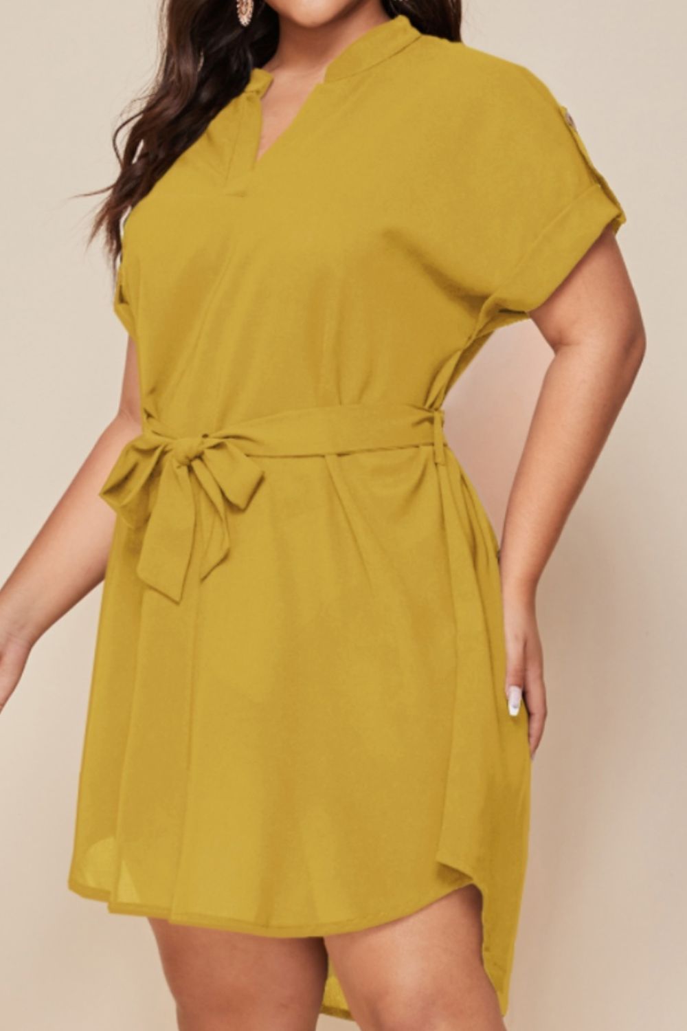 Plus Size Notched Tie Waist Mini Dress - The Boutie Shop