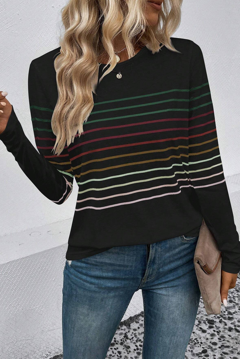 Striped Round Neck Long Sleeve T-Shirt - The Boutie Shop