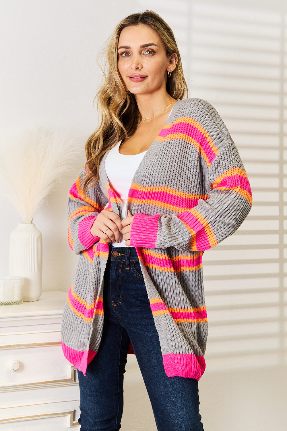 Woven Right Ribbed Long Sleeve Cardigan - The Boutie Shop