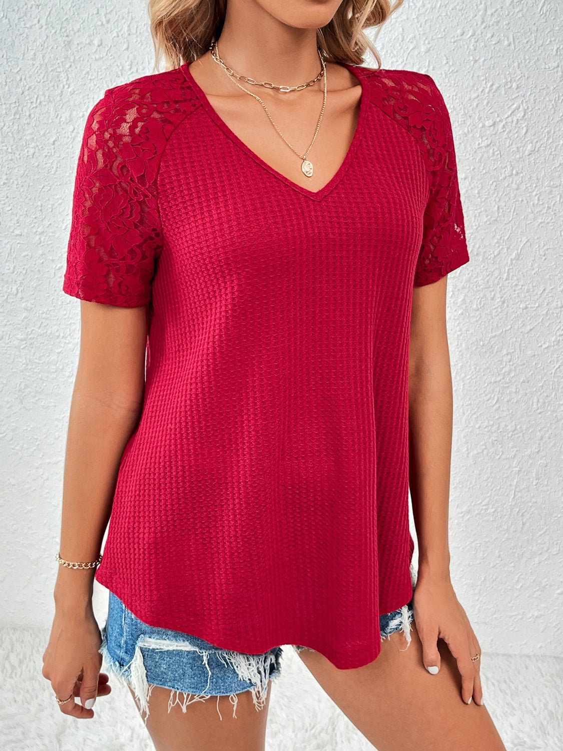 Ivy Lane Lace Detail V-Neck Short Sleeve T-Shirt - The Boutie Shop