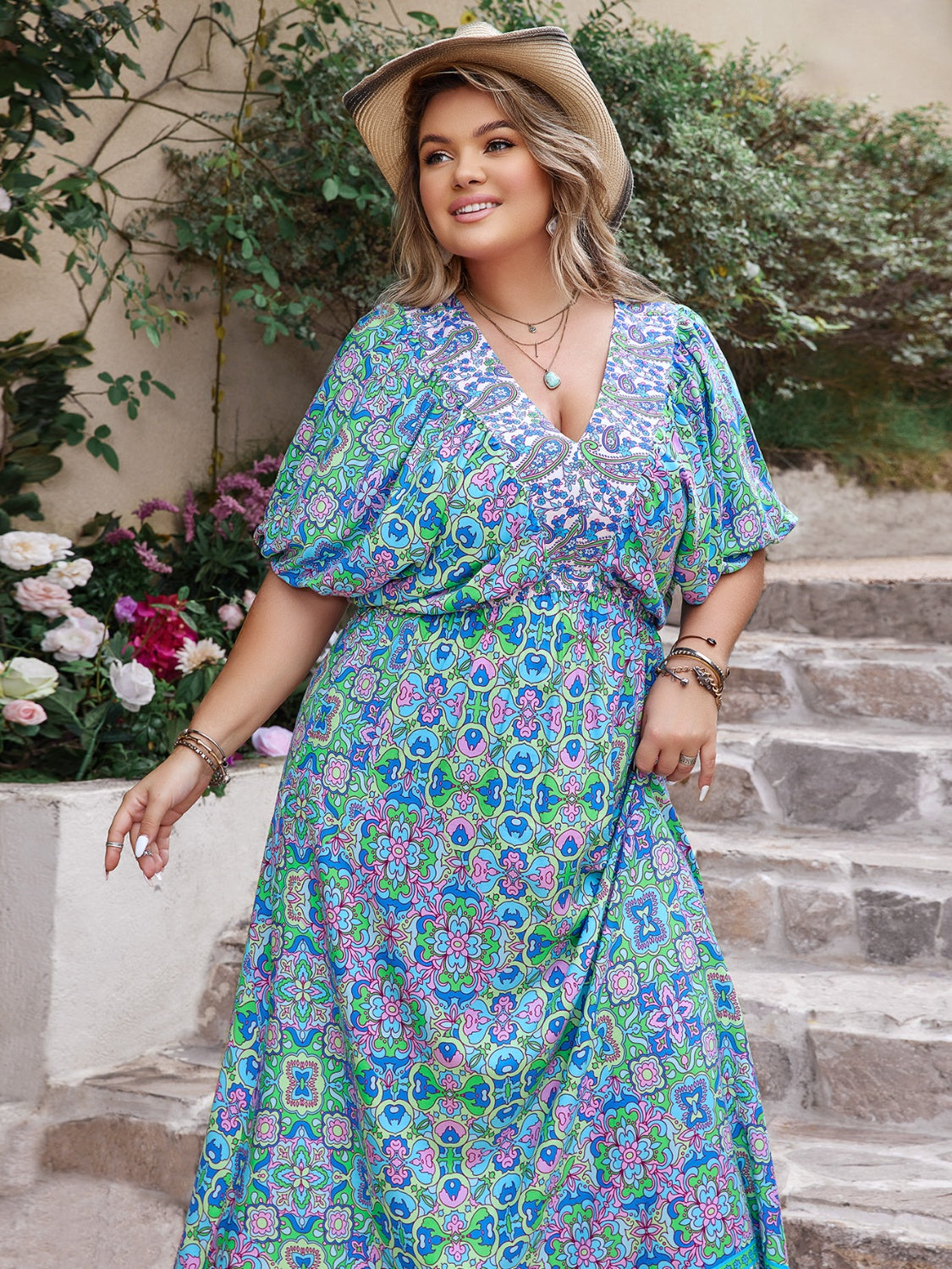 Plus Size Printed V-Neck Balloon Sleeve Dress - The Boutie Shop