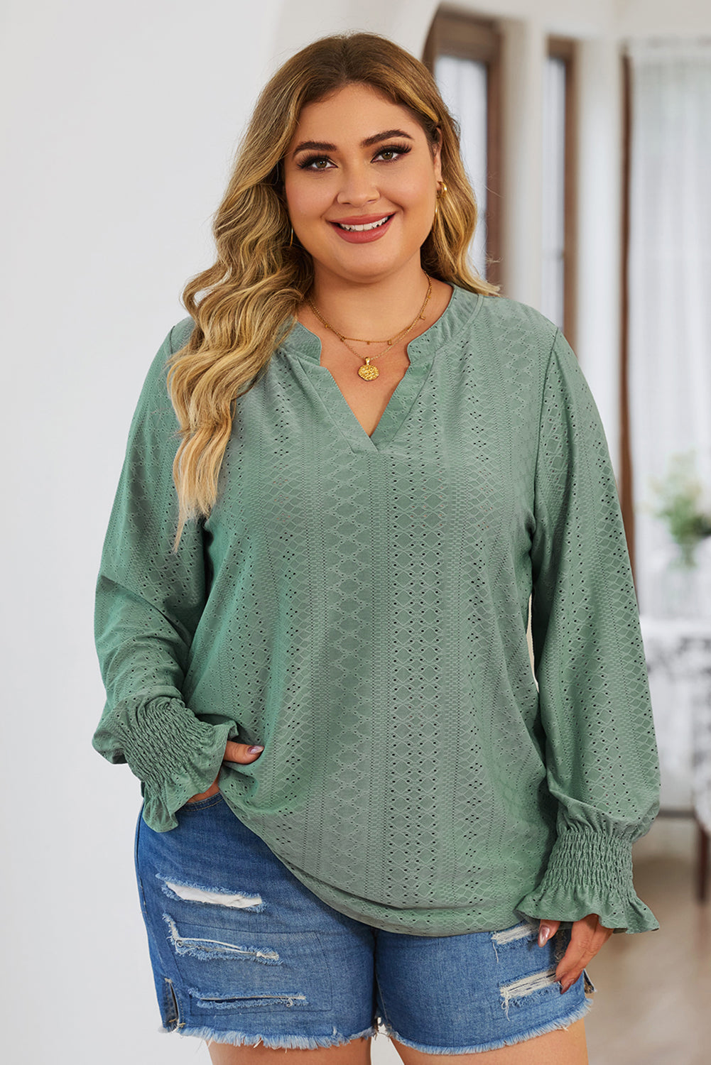 Plus Size Eyelet Notched Flounce Sleeve Blouse - The Boutie Shop