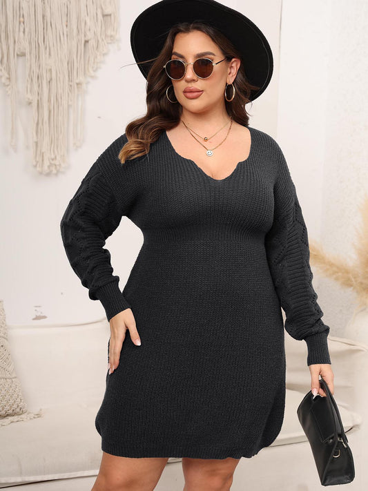 Plus Size Dropped Shoulder Long Sleeve Knit Mini Dress - The Boutie Shop