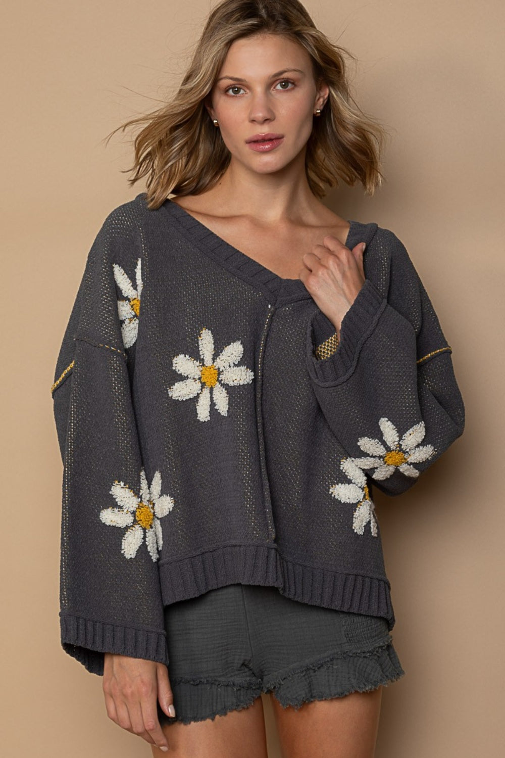 POL V-Neck Floral Pattern Chenille Sweater - The Boutie Shop