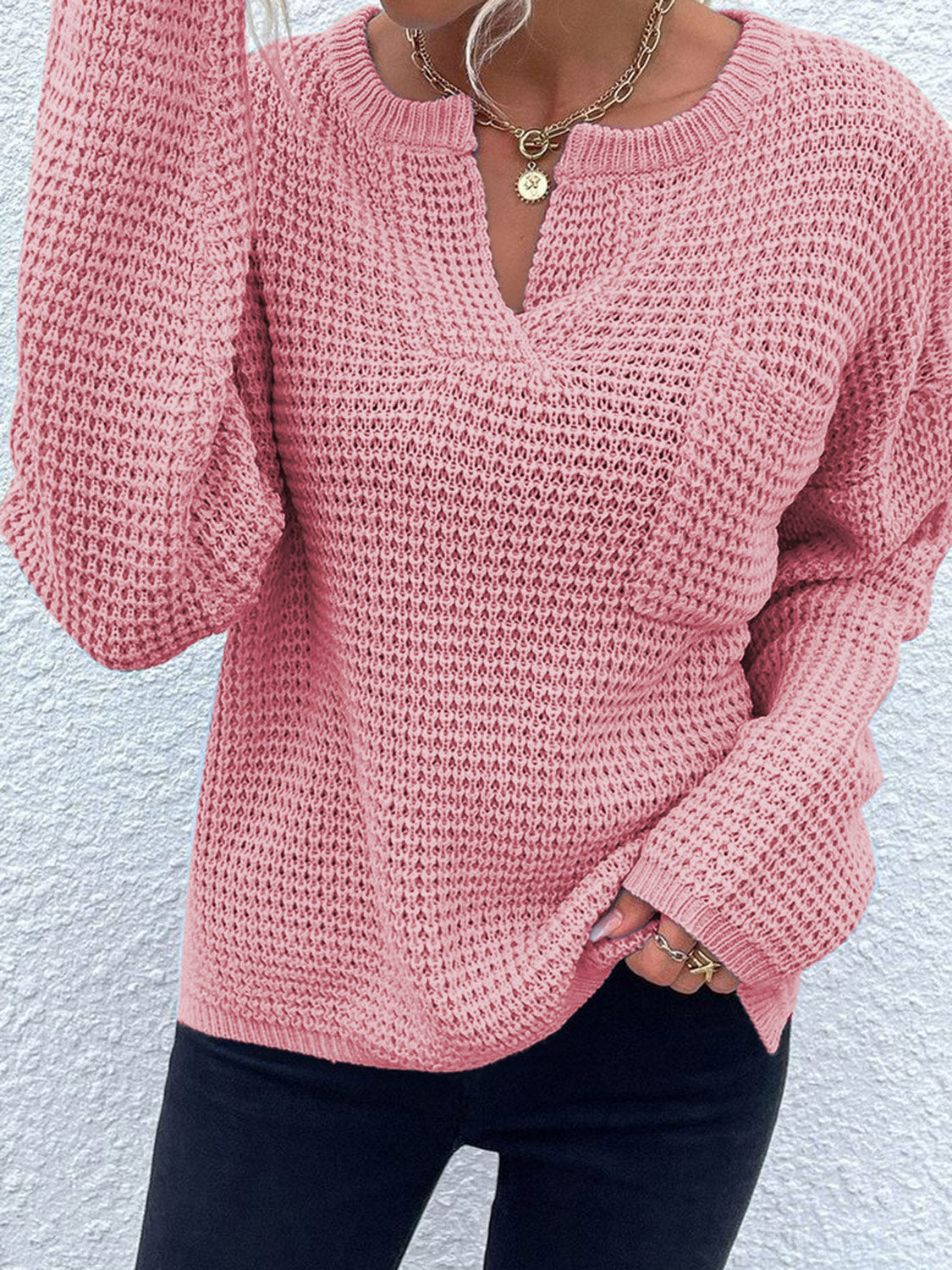 Notched Long Sleeve Sweater - The Boutie Shop