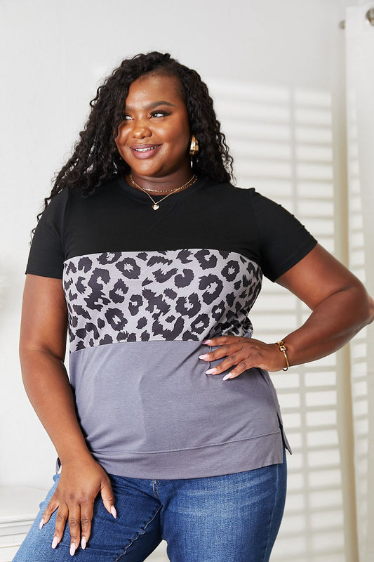 Double Take Leopard Print Color Block Short Sleeve T-Shirt - The Boutie Shop