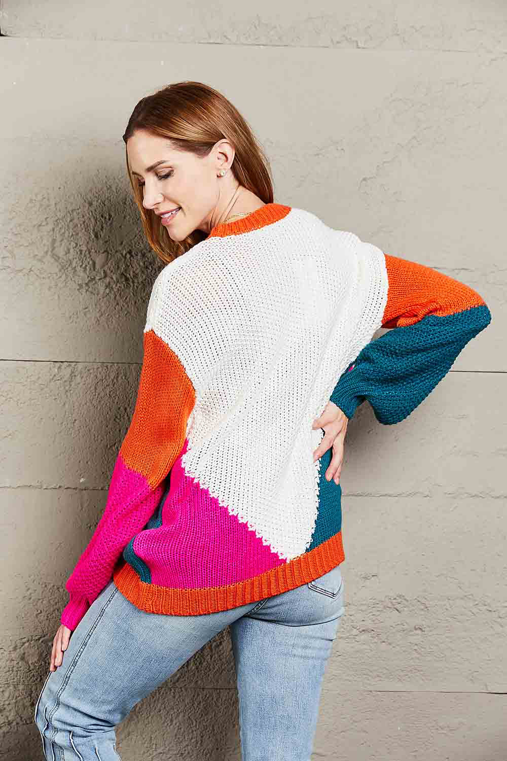 Angel Wings Color Block Round Neck Drop Shoulder Sweater - The Boutie Shop