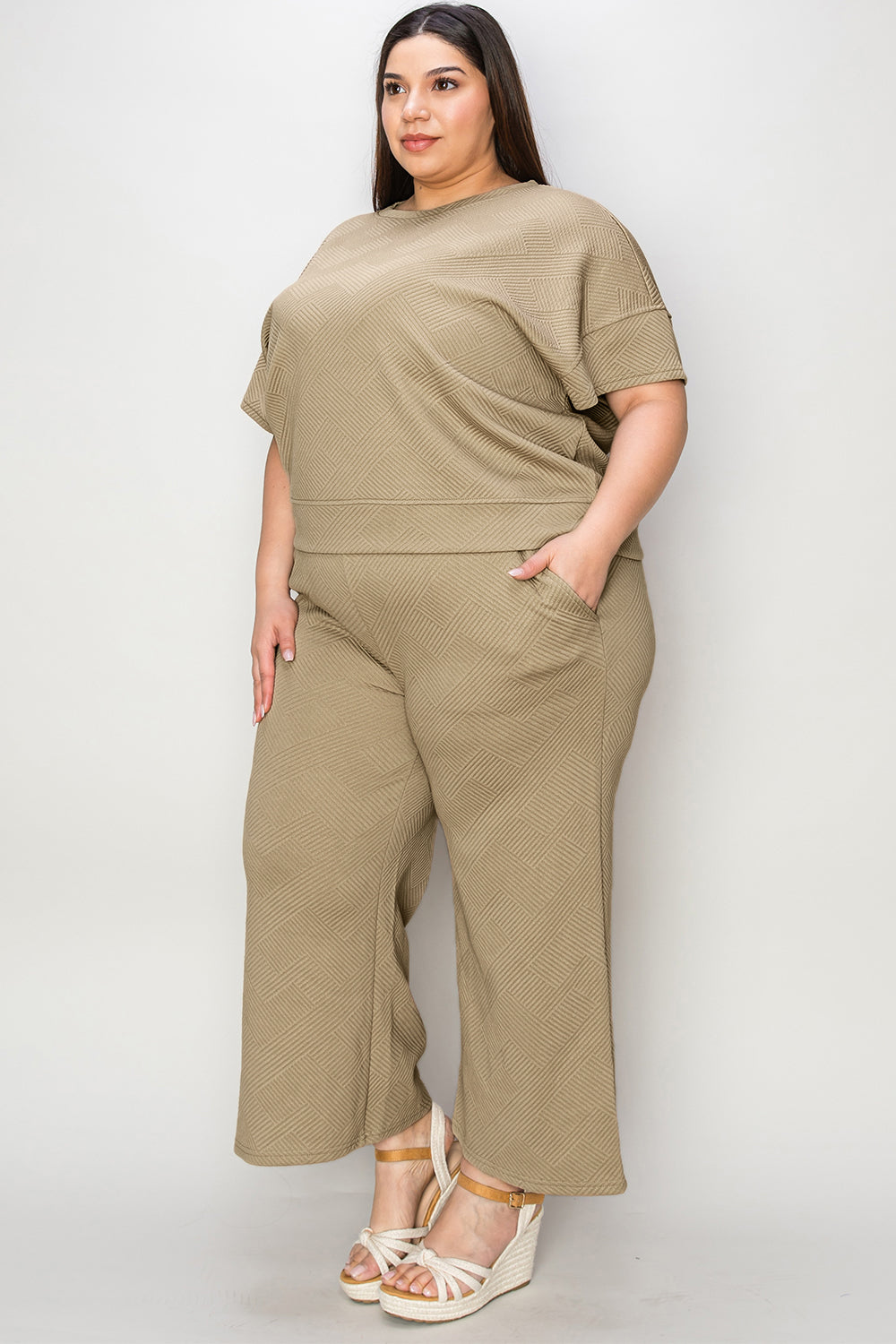 Double Take Full Size Texture Short Sleeve Top and Pants Set - The Boutie Shop