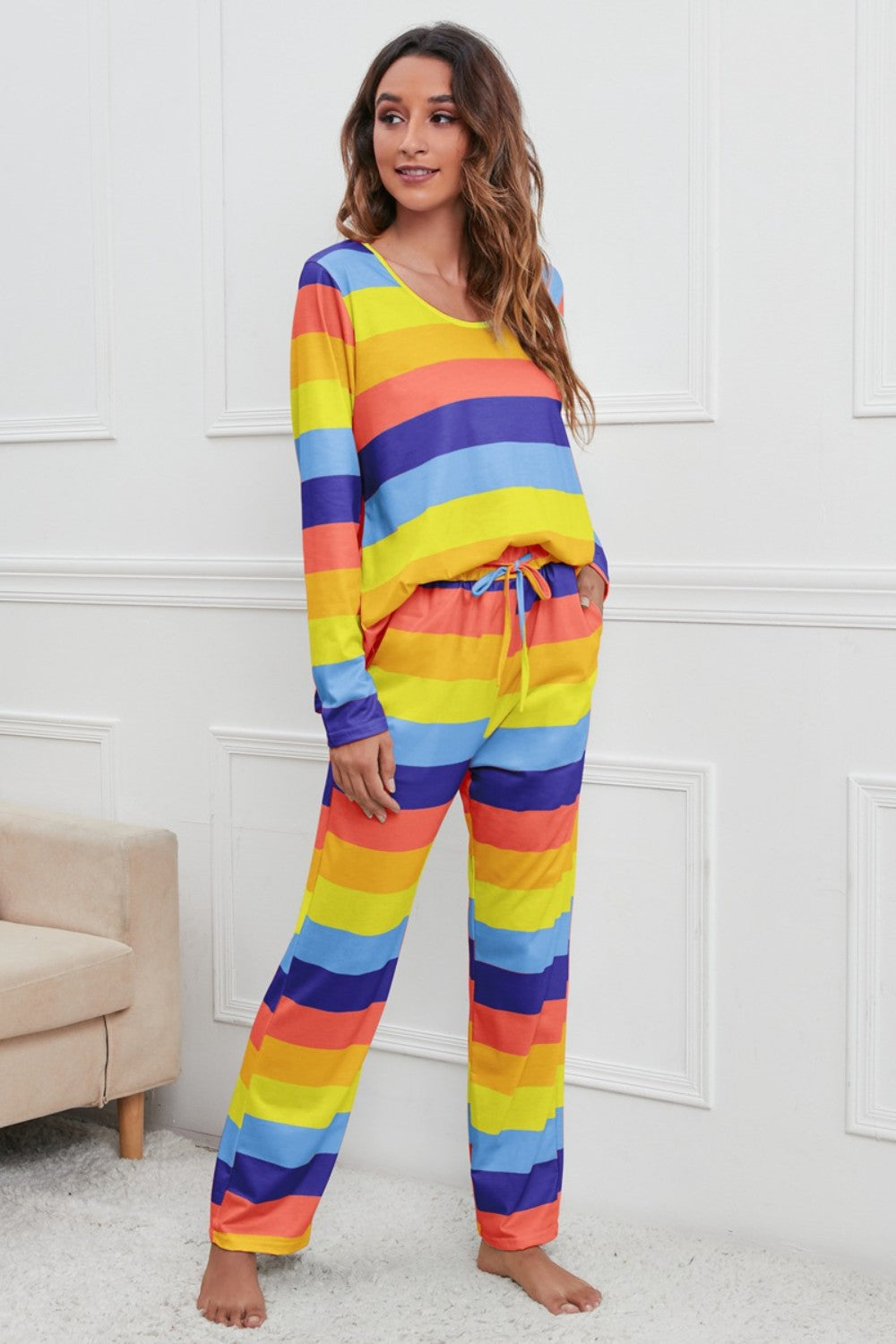 Striped Round Neck Long Sleeve Top and Drawstring Pants Lounge Set - The Boutie Shop