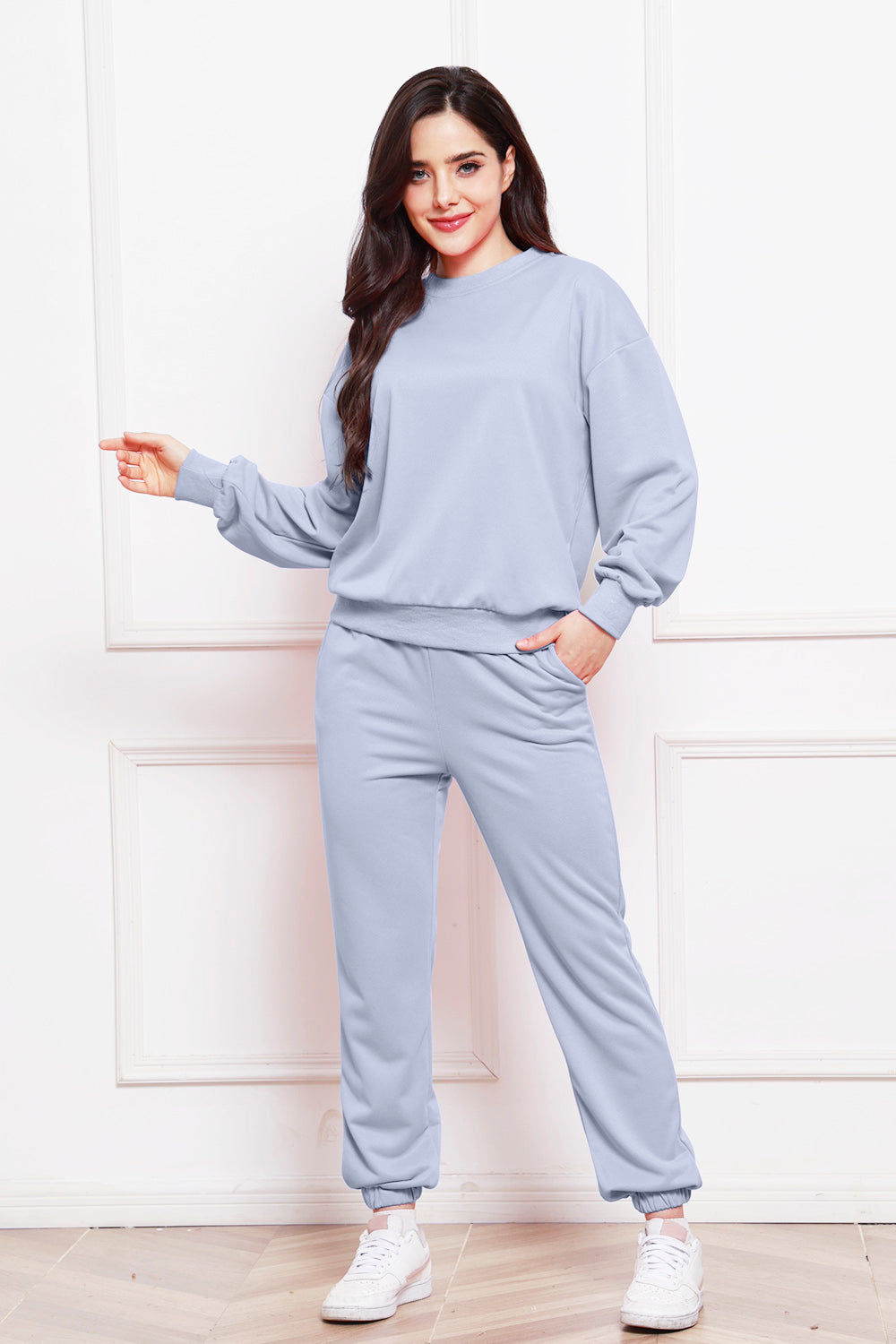 Round Neck Long Sleeve Sweatshirt and Pants Set - The Boutie Shop