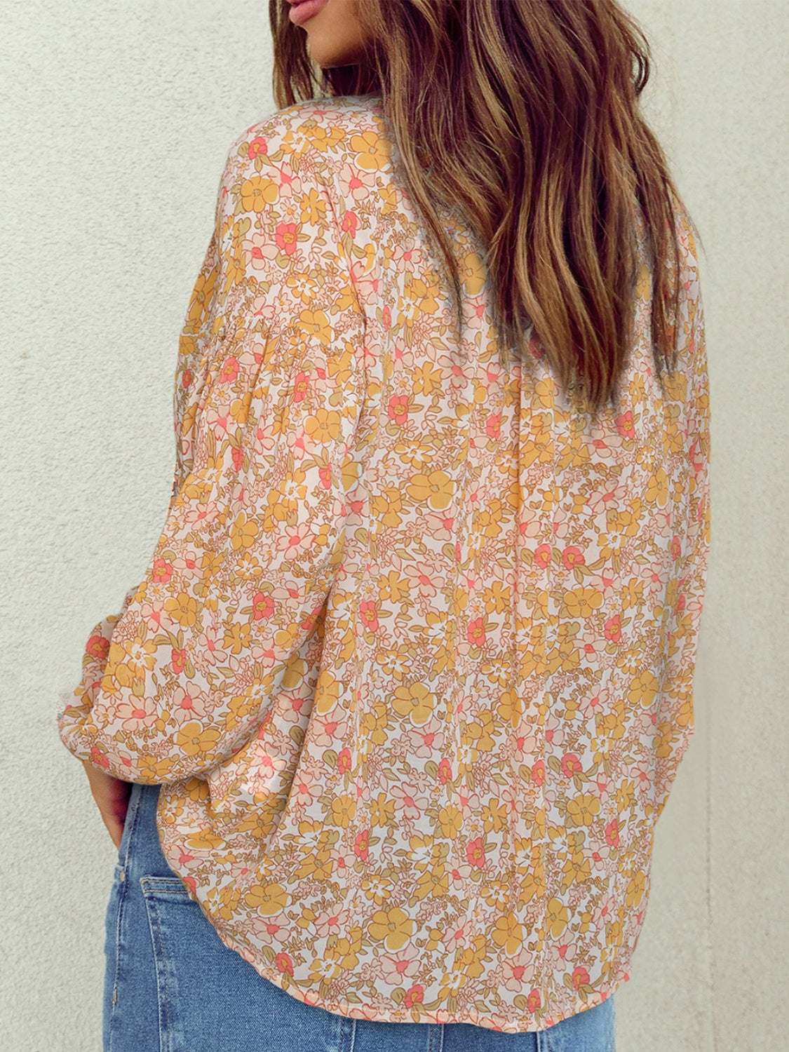 Printed Notched Balloon Sleeve Blouse - The Boutie Shop