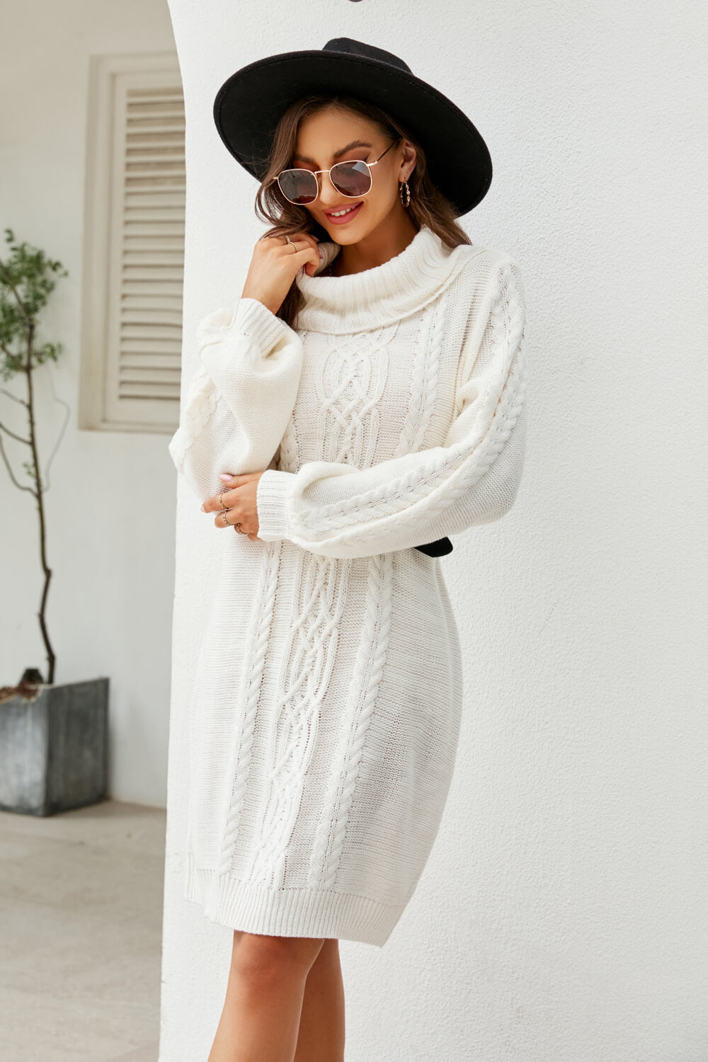 Woven Right Mixed Knit Turtleneck Lantern Sleeve Sweater Dress - The Boutie Shop