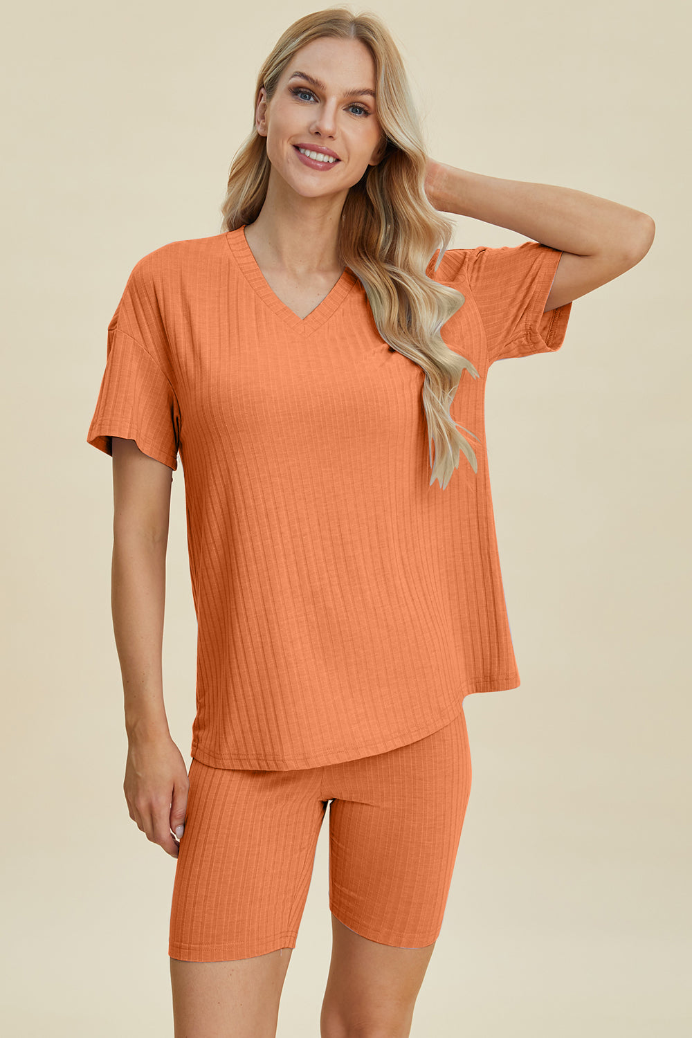 Basic Bae Full Size Ribbed V-Neck Short Sleeve Top and Shorts Set - The Boutie Shop