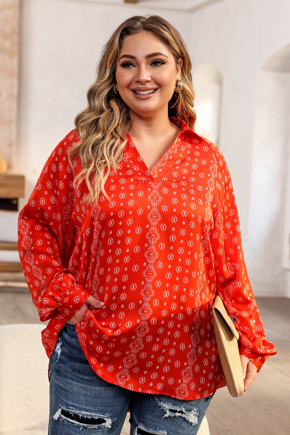 Plus Size Printed Johnny Collar Long Sleeve Blouse - The Boutie Shop