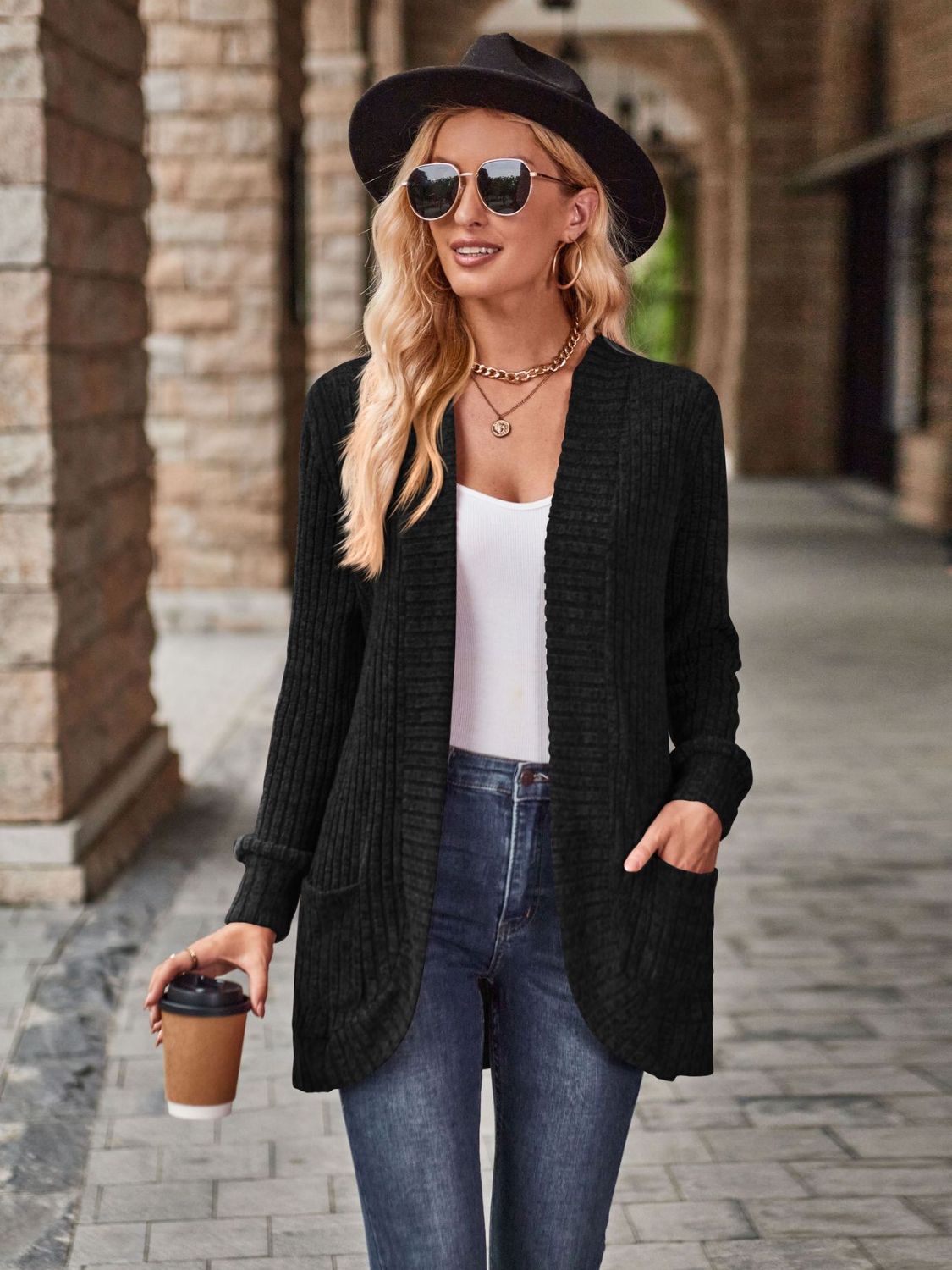 Open Front Cardigan with Pockets - The Boutie Shop