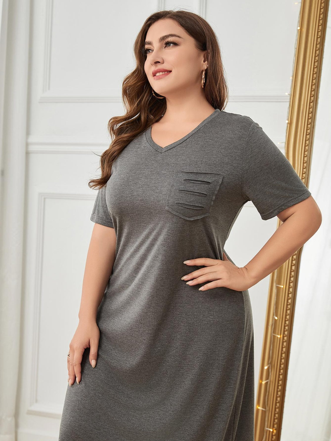 Plus Size Pocketed V-Neck Short Sleeve Lounge Dress - The Boutie Shop