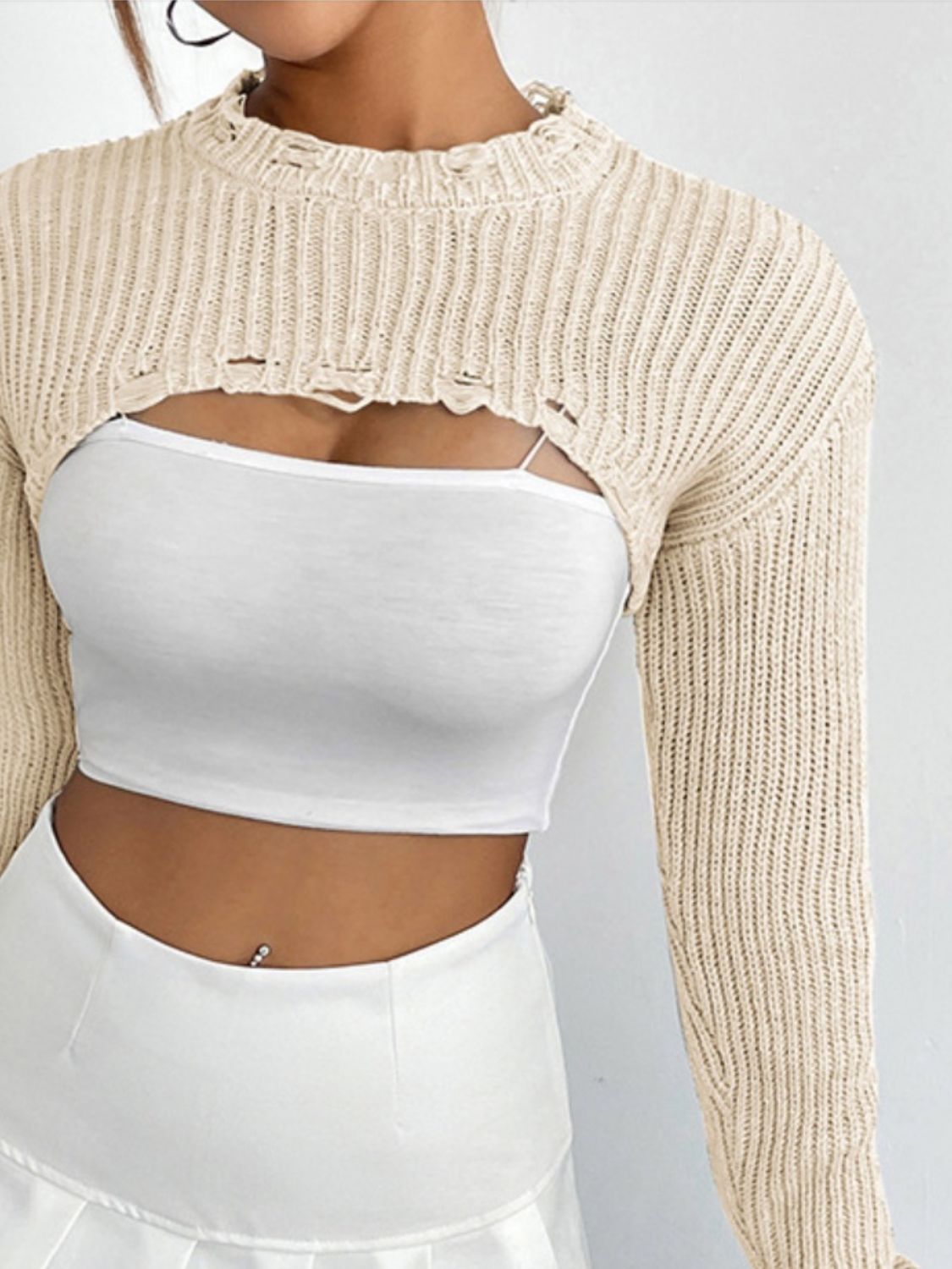 Distressed Long Sleeve Cropped Sweater - The Boutie Shop