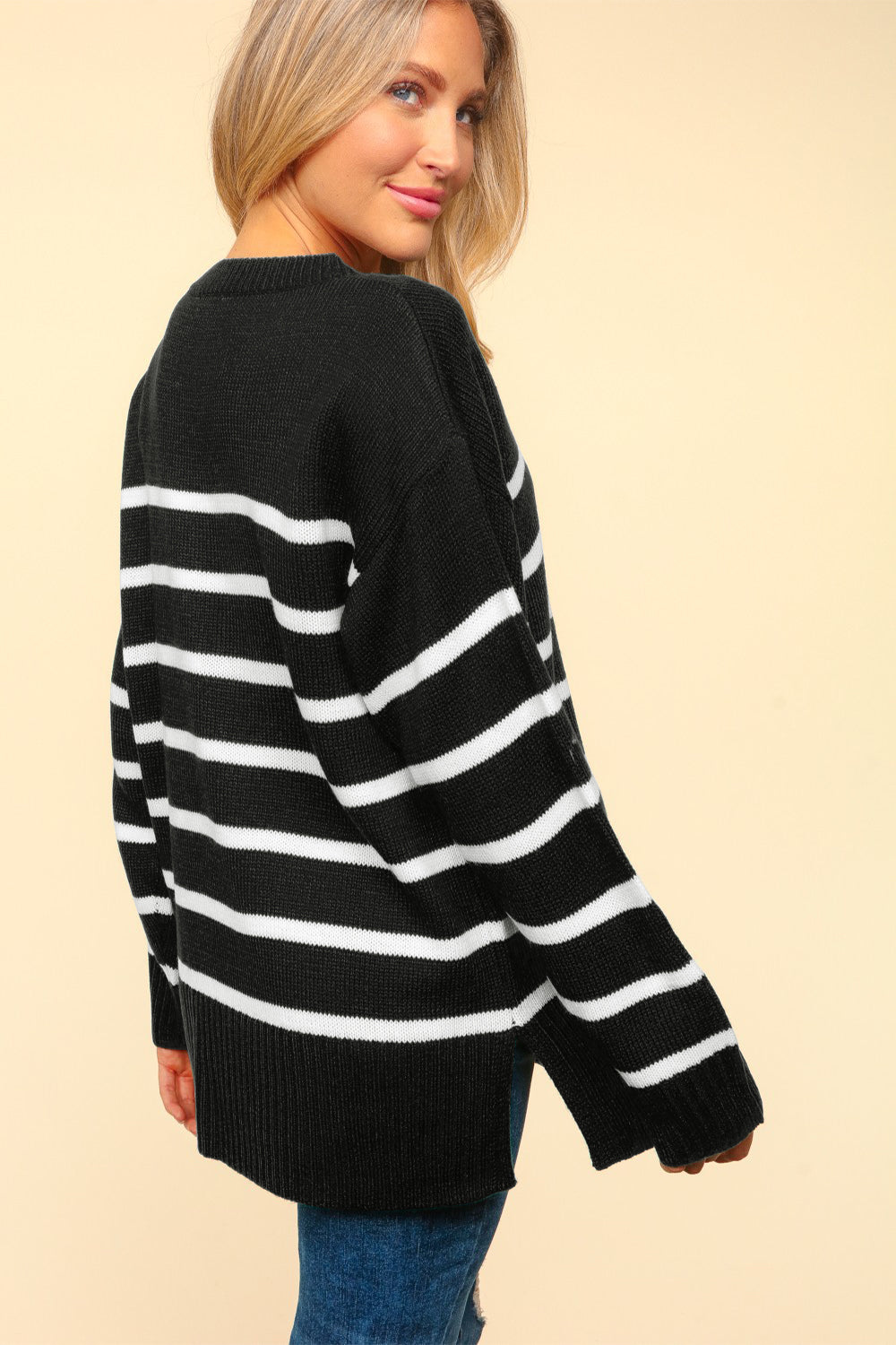 Haptics Full Size Striped Contrast Side Slit Sweater - The Boutie Shop