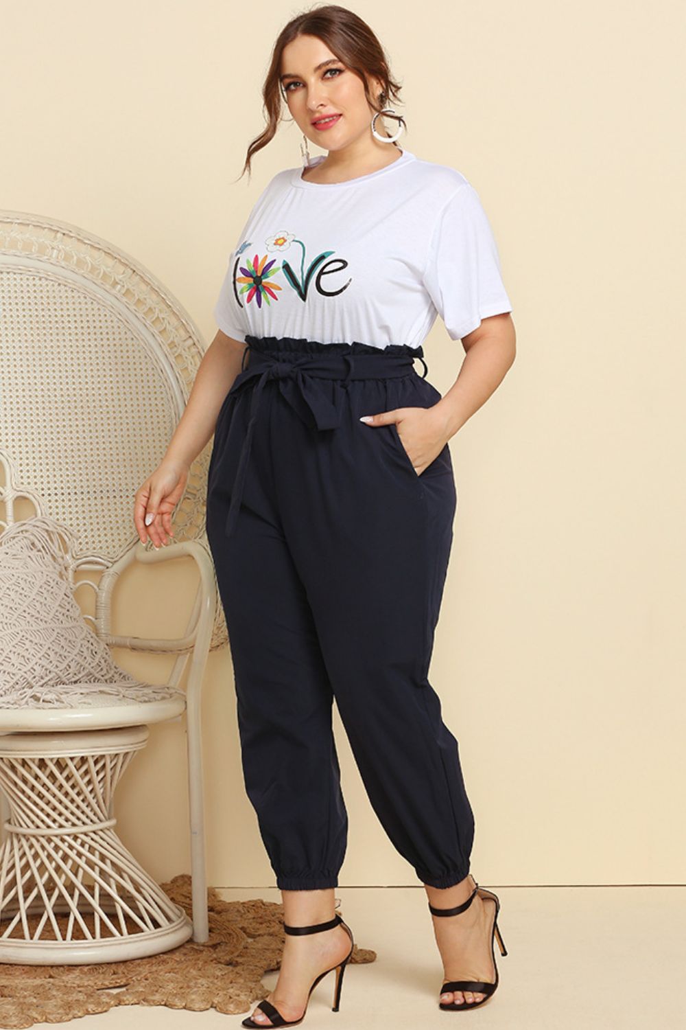 Graphic Tee and Belted Paperbag Joggers Set - The Boutie Shop