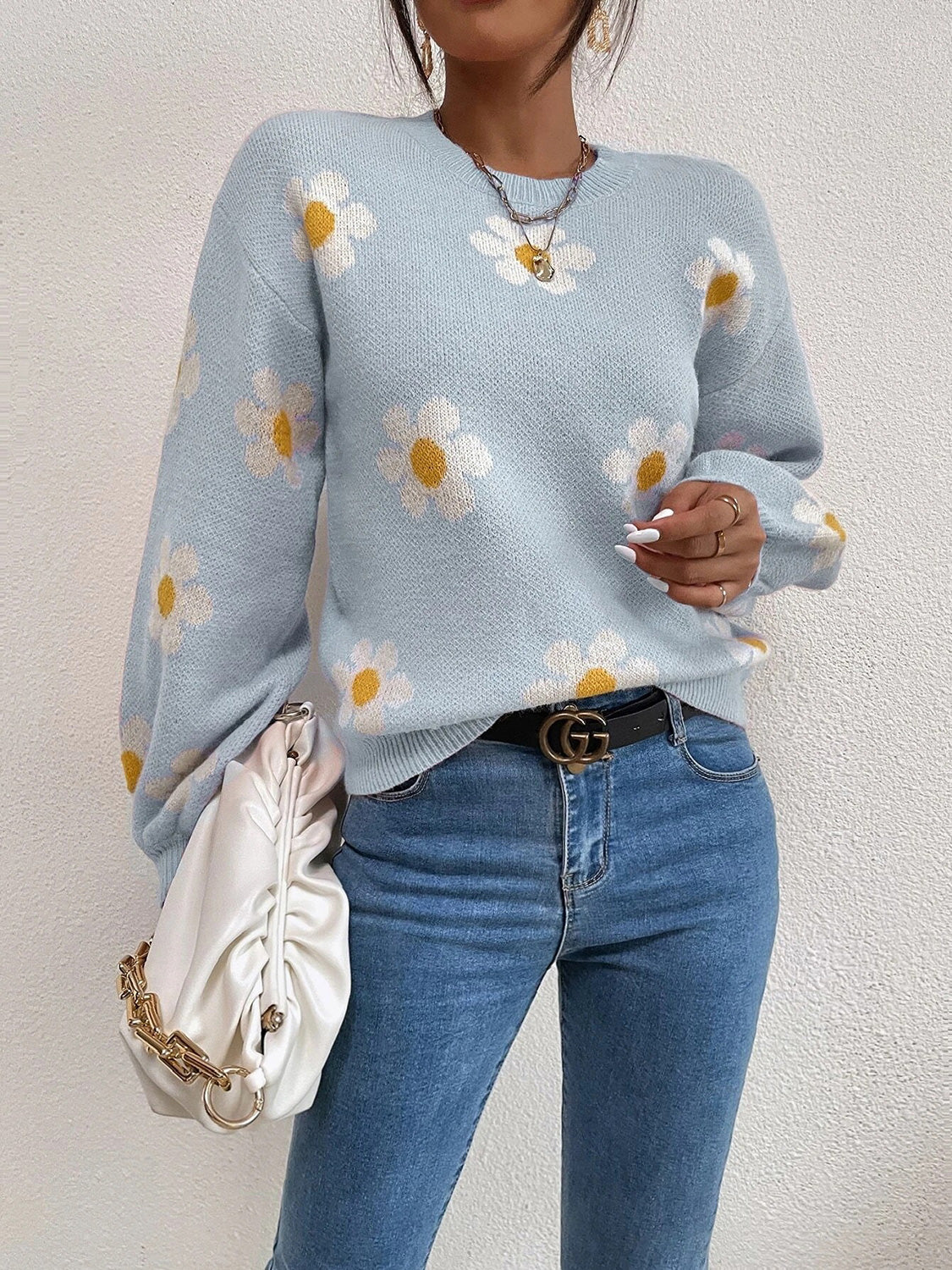 Flower Round Neck Latern Sleeve Sweater - The Boutie Shop