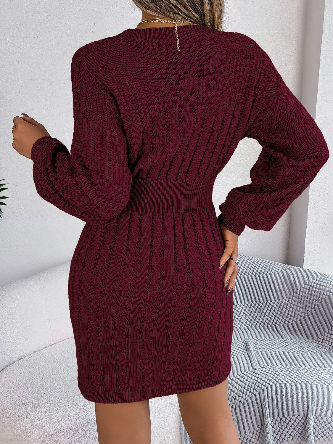 Cable-Knit Cutout Round Neck Slit Sweater Dress - The Boutie Shop