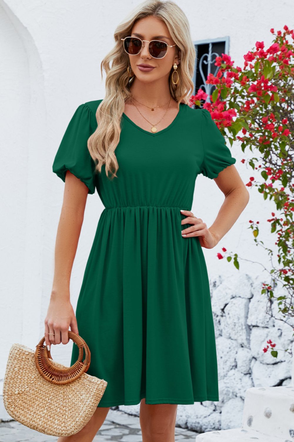 V-Neck Balloon Short Sleeve Dress - The Boutie Shop