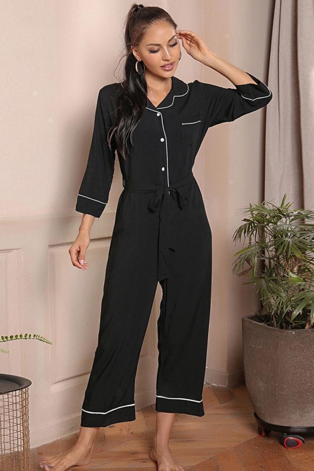 Contrast Belted Lapel Collar Jumpsuit - The Boutie Shop