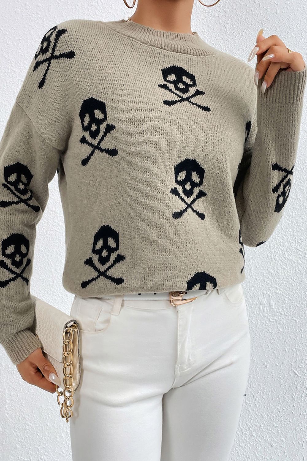 Graphic Mock Neck Dropped Shoulder Sweater - The Boutie Shop