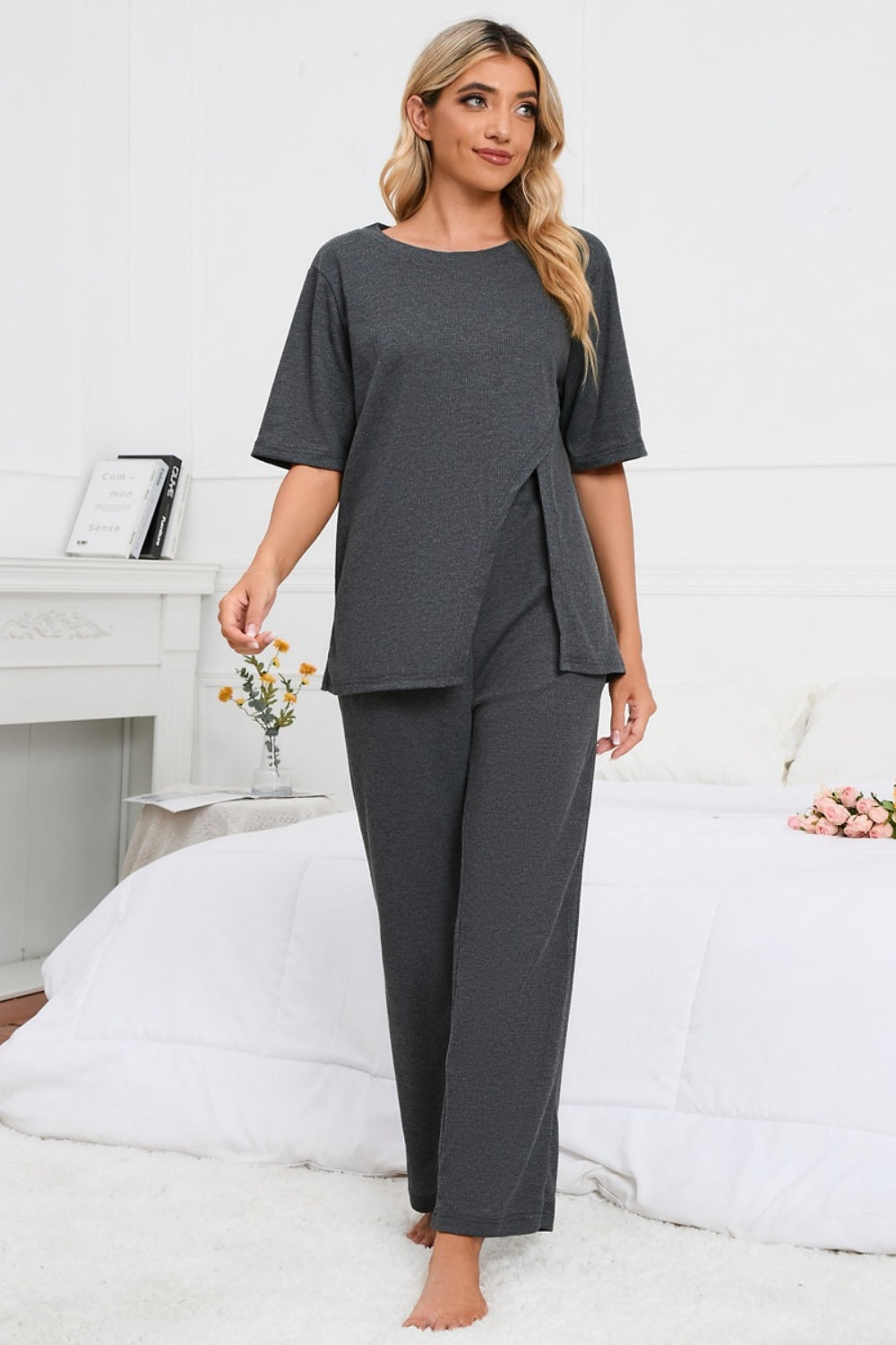 Slit Round Neck Top and Pants Lounge Set - The Boutie Shop