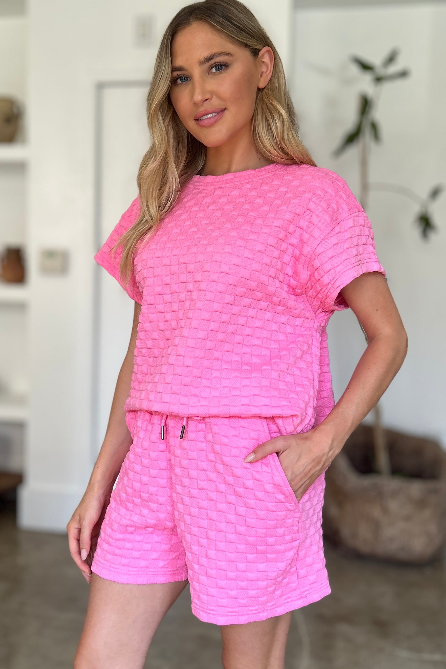 Double Take Full Size Texture T-Shirt and Shorts Set - The Boutie Shop